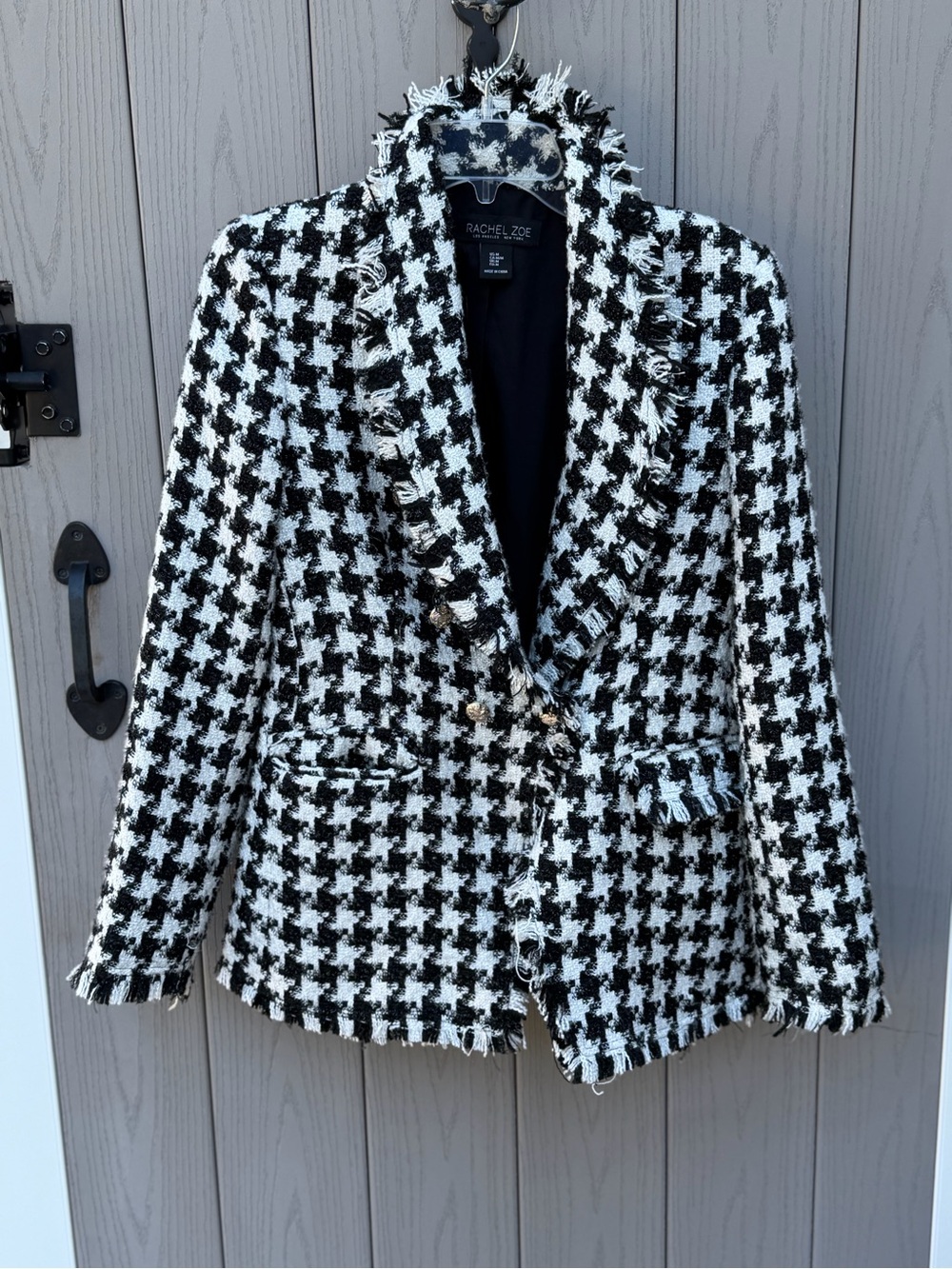 Rachel Zoe Black and White Houndstooth Fringe Tweed Blazer